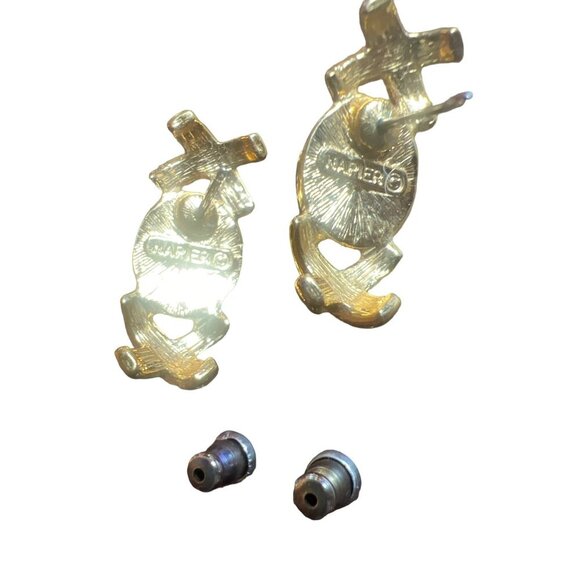 Vintage Gold Tone Faux Pearl Cross Stitch Pierced Earrings - Picture 5 of 6